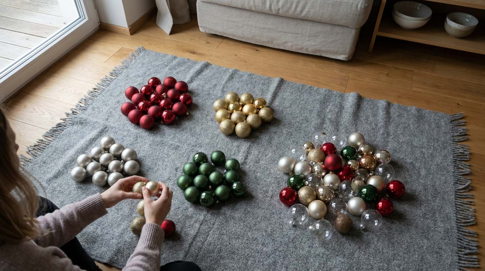 Žena sedí na zemi a třídí vánoční ozdoby různých barev na šedé dece rozprostřené na podlaze.